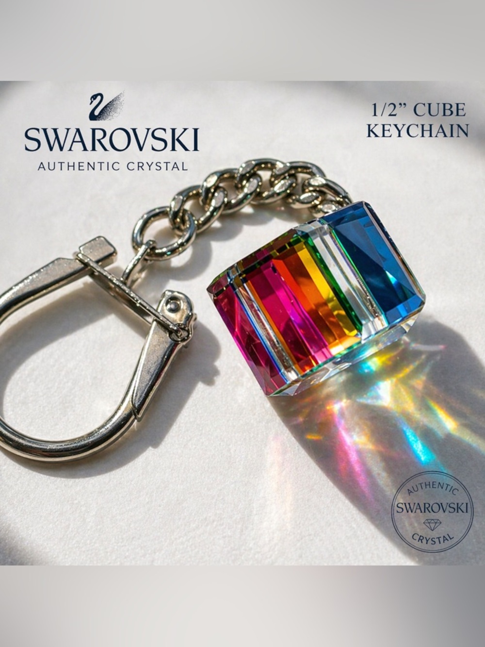 SOLD.   Vintage Swarovski Crystal Cube Keychain Aurora Borealis Prism Charm 1/2”